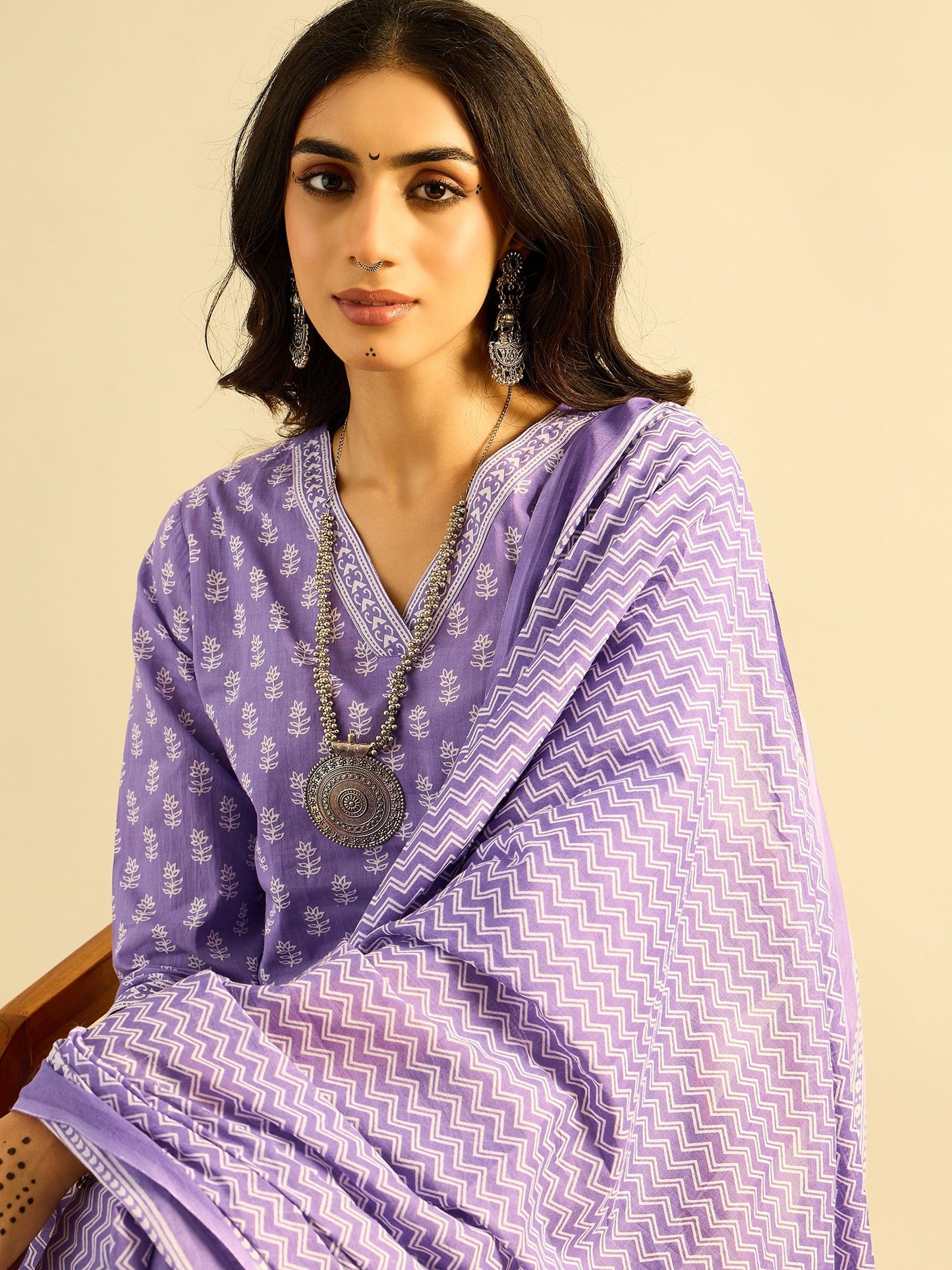 Indo Era Lavender Printed Straight Kurta Trousers With Dupatta set