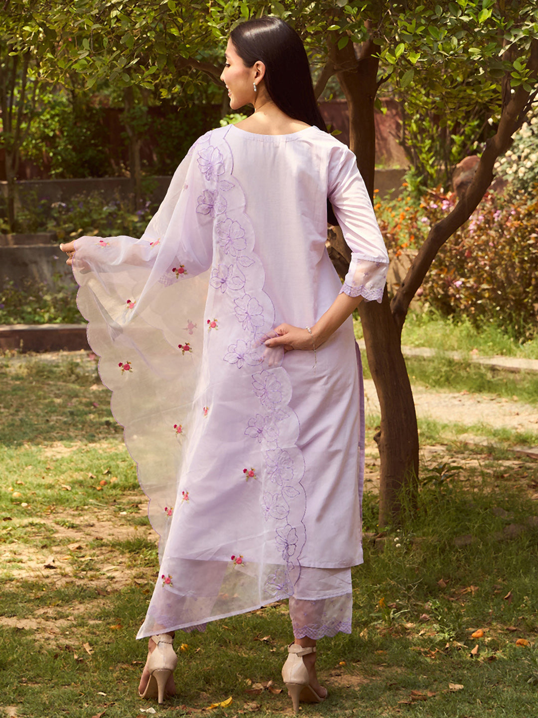 Indo Era Lavender Embroidered Straight Kurta Trousers With Dupatta set