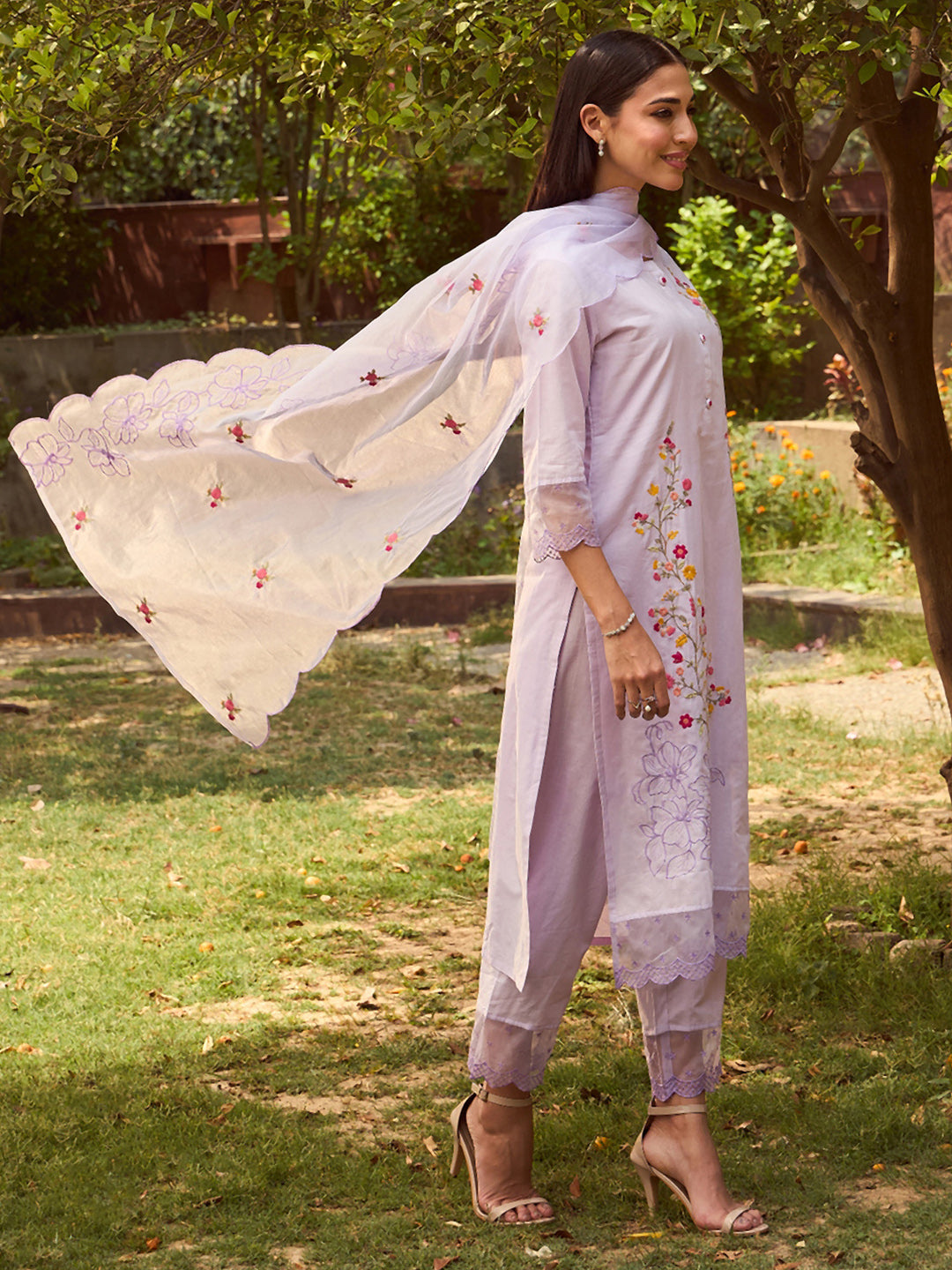 Indo Era Lavender Embroidered Straight Kurta Trousers With Dupatta set