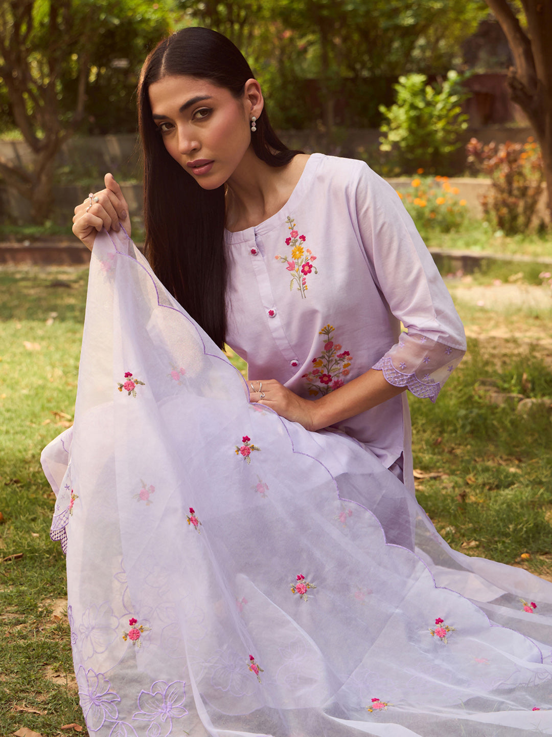 Indo Era Lavender Embroidered Straight Kurta Trousers With Dupatta set