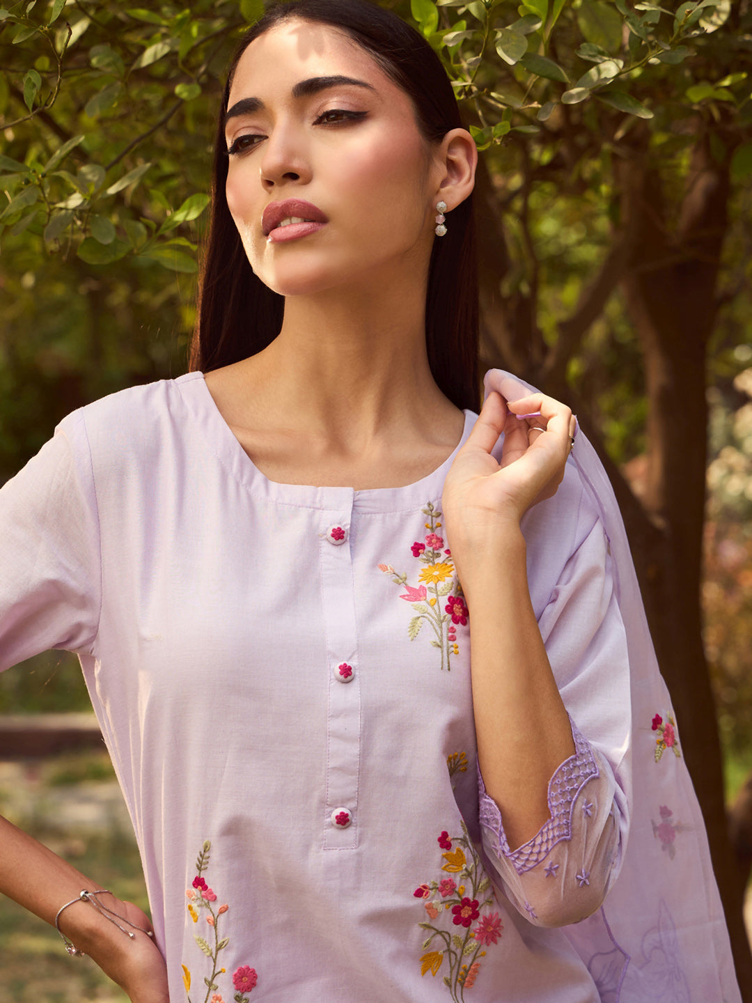 Indo Era Lavender Embroidered Straight Kurta Trousers With Dupatta set