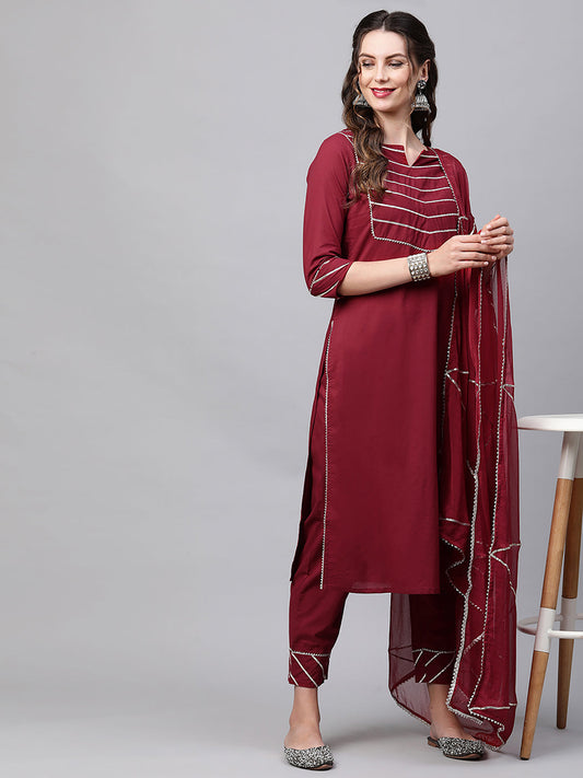 Maroon Solid Yoke Kurta Palazzo With Hand Made Dupatta Set