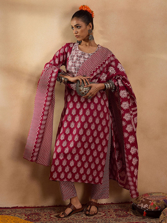 Maroon Printed Straight Kurta Trousers With Dupatta Set
