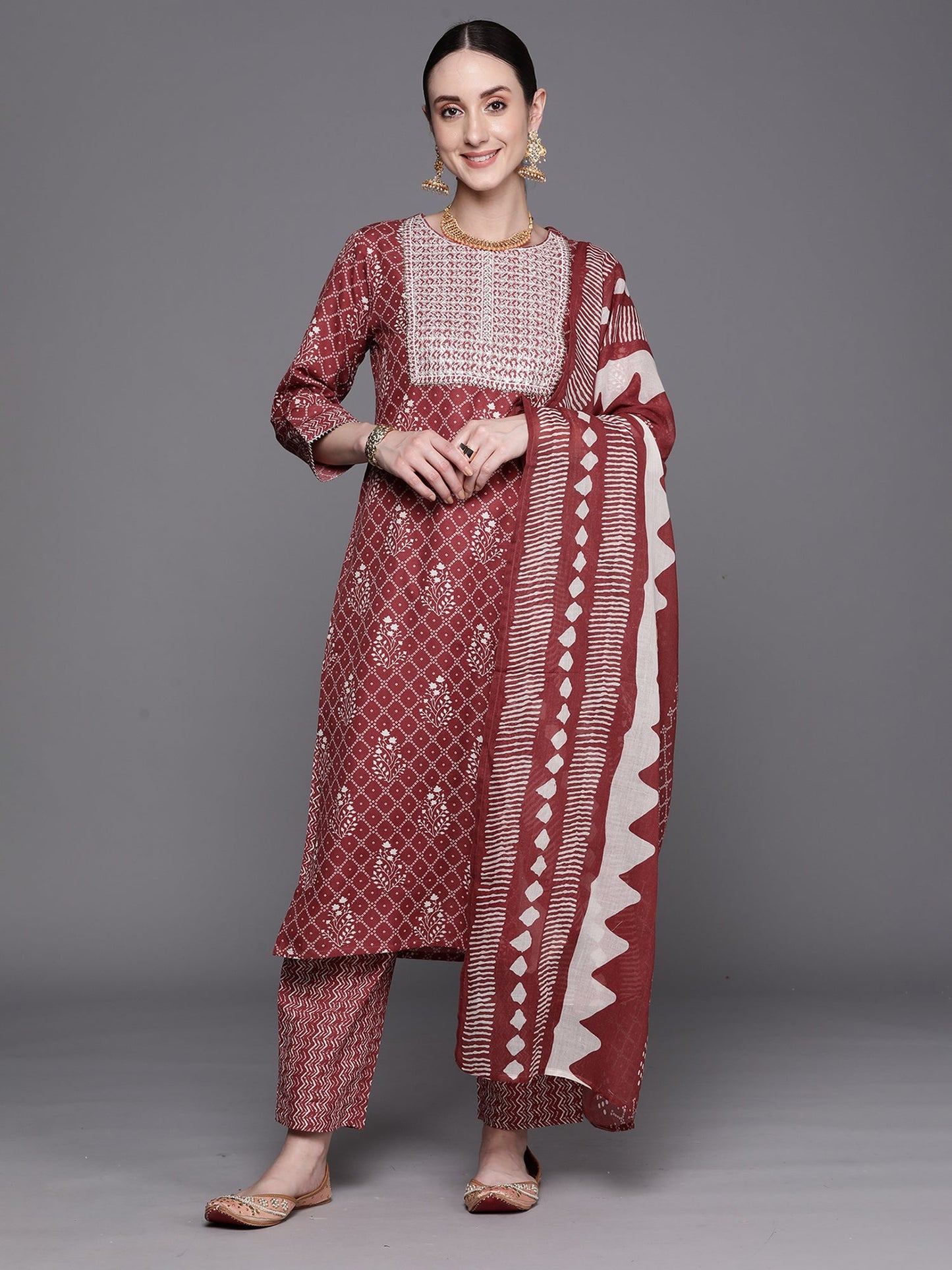 Mauve Printed Straight Kurta Trousers With Dupatta Set