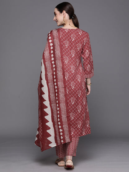 Mauve Printed Straight Kurta Trousers With Dupatta Set