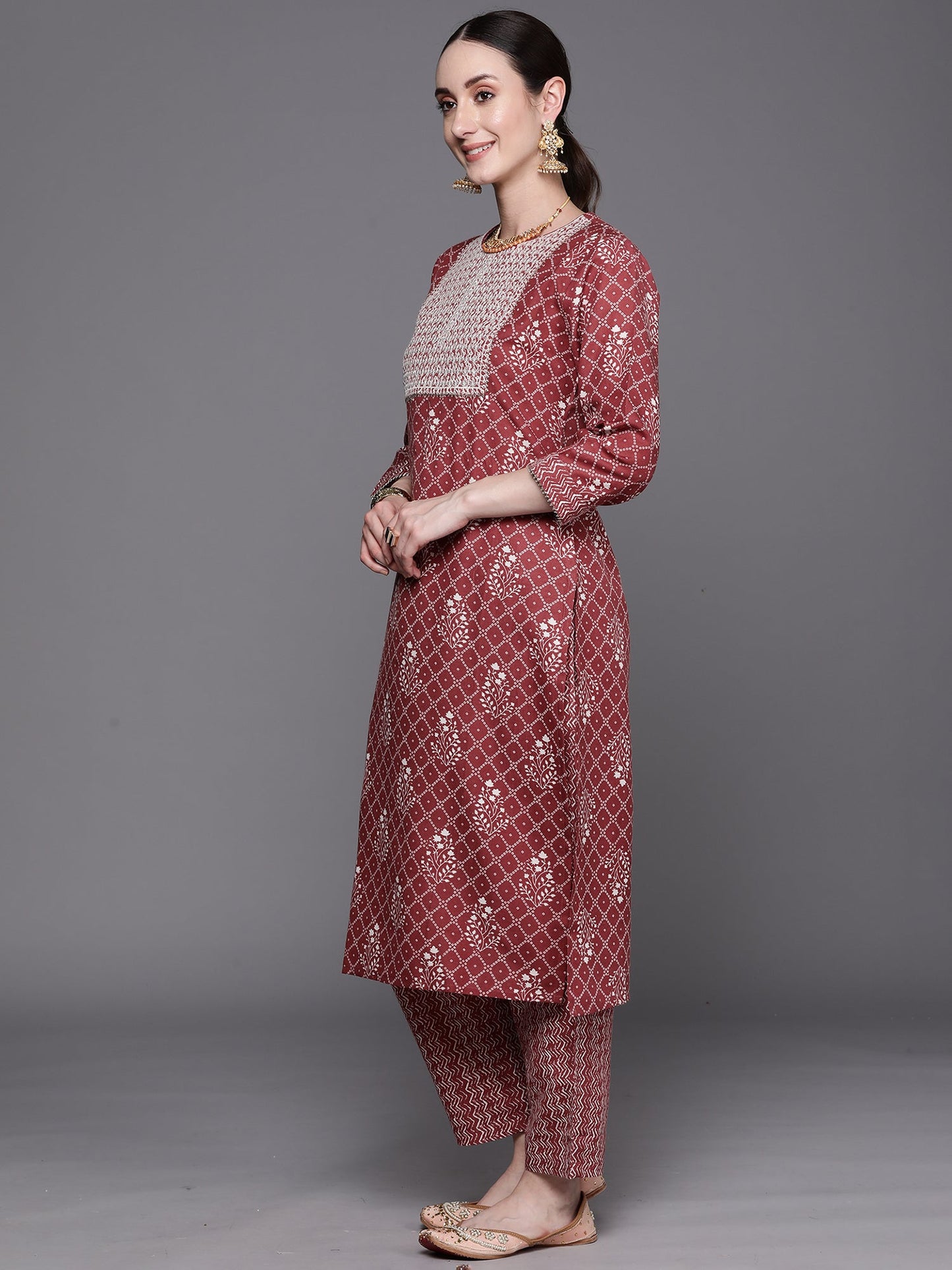 Mauve Printed Straight Kurta Trousers With Dupatta Set
