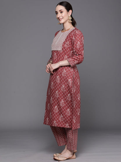 Mauve Printed Straight Kurta Trousers With Dupatta Set