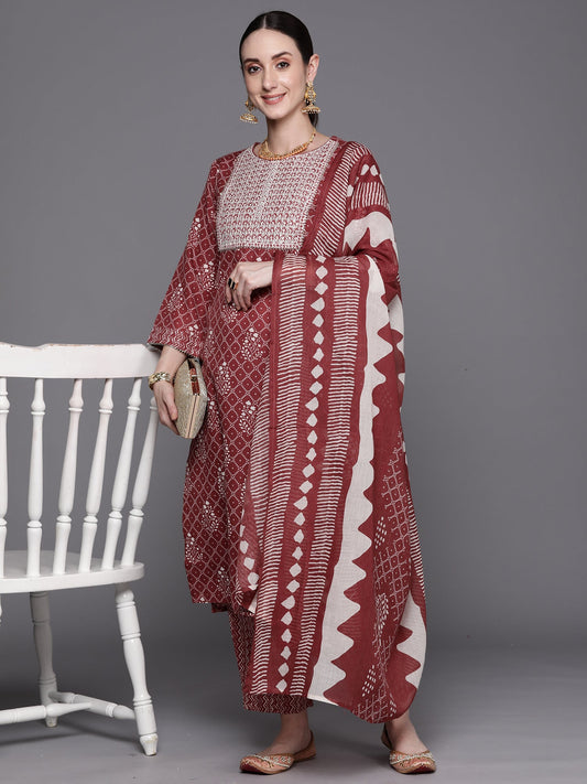 Mauve Printed Straight Kurta Trousers With Dupatta Set