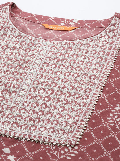 Mauve Printed Straight Kurta Trousers With Dupatta Set