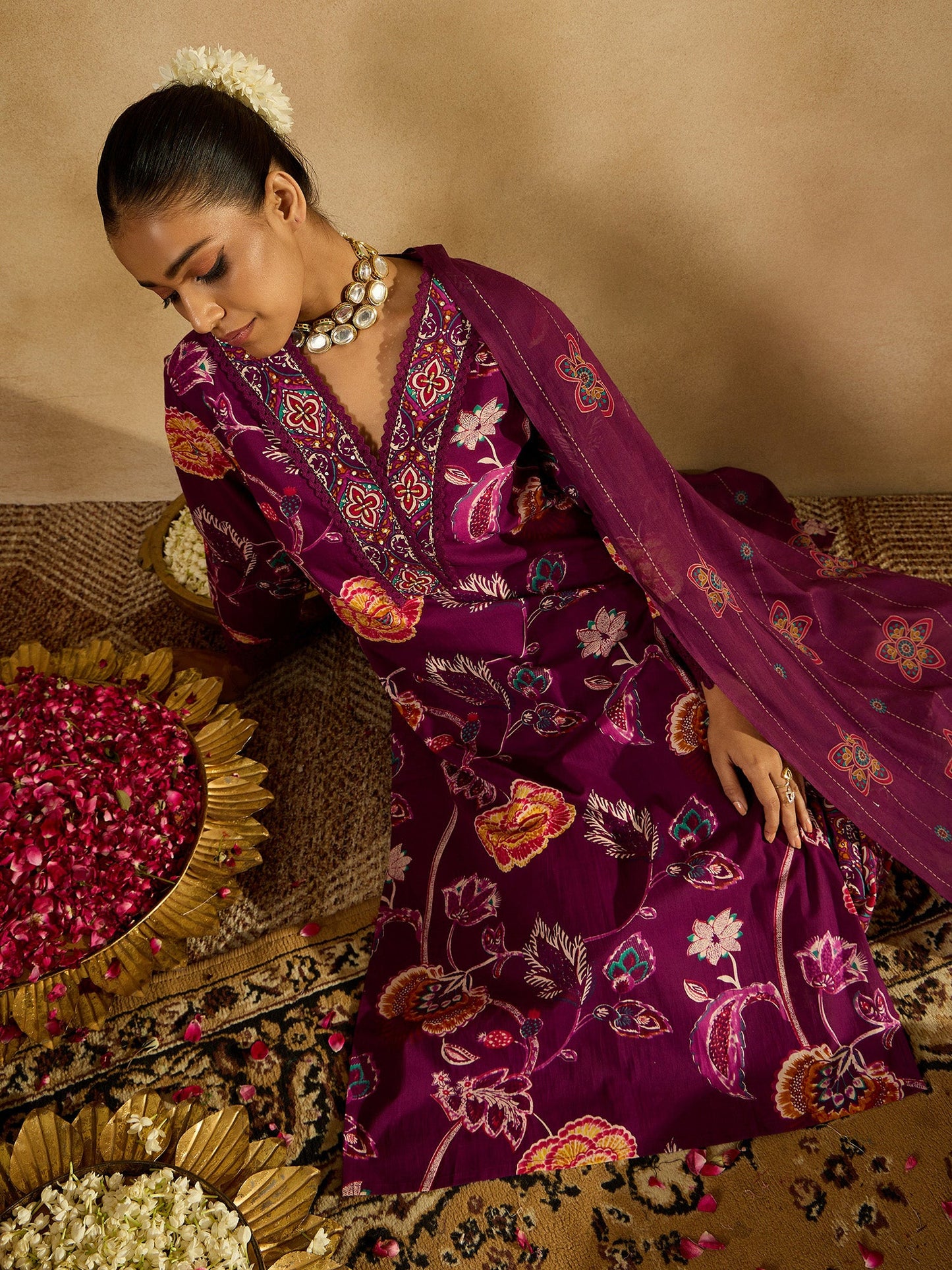 Indo Era Burgundy Printed Straight Kurta Trousers With Dupatta set