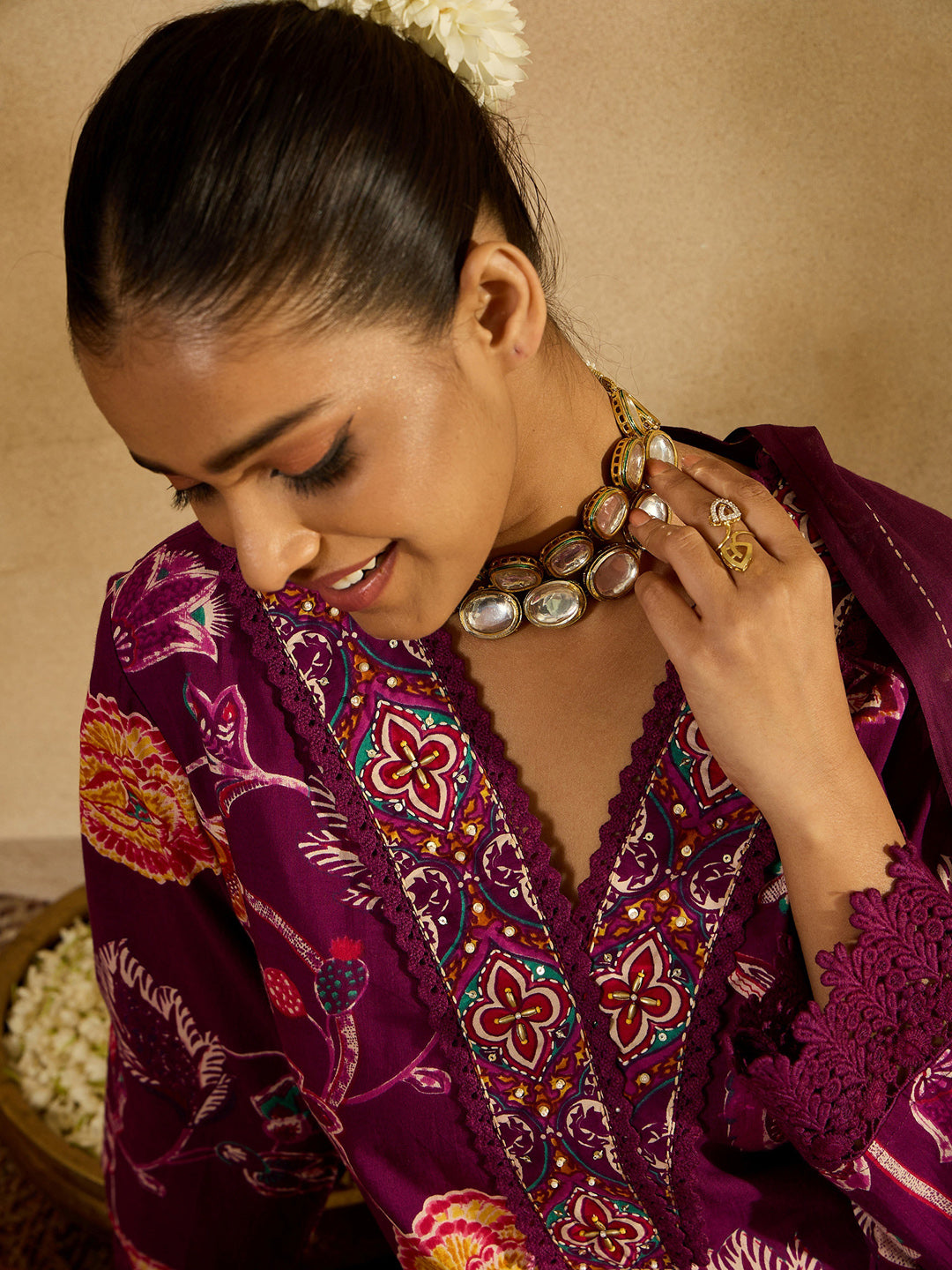 Indo Era Burgundy Printed Straight Kurta Trousers With Dupatta set