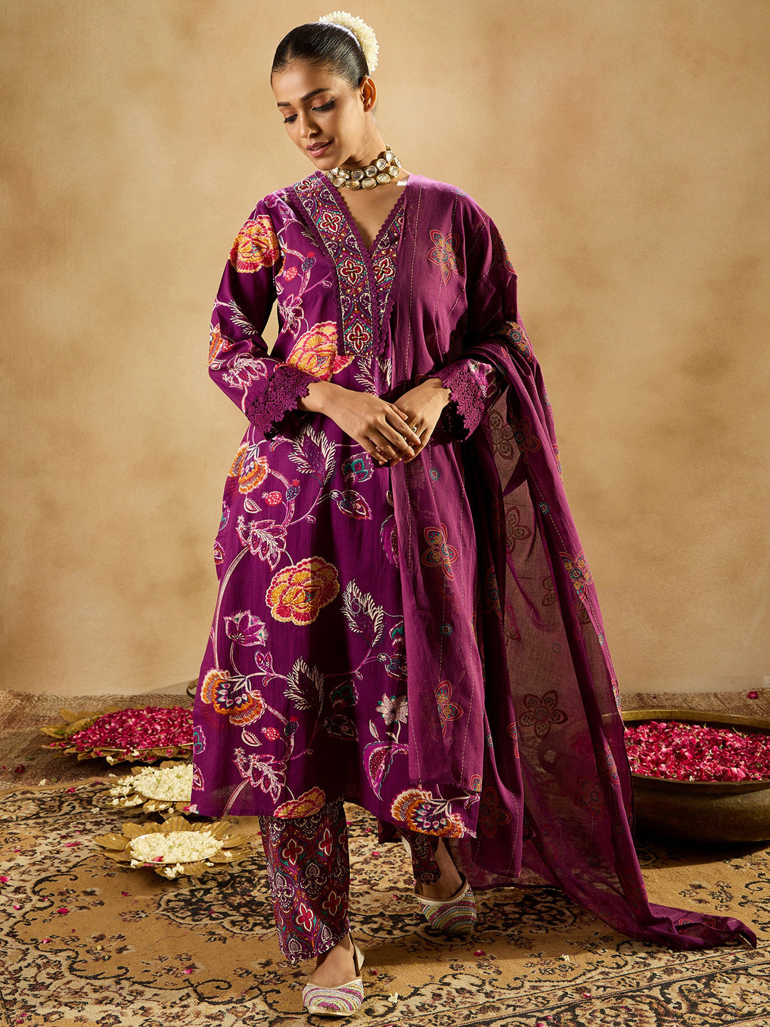 Indo Era Burgundy Printed Straight Kurta Trousers With Dupatta set