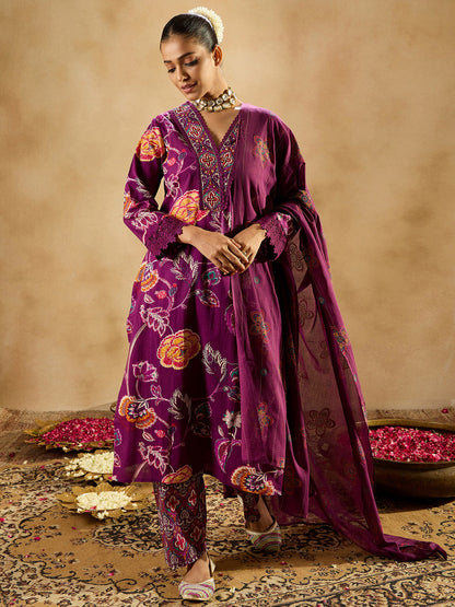 Indo Era Burgundy Printed Straight Kurta Trousers With Dupatta set
