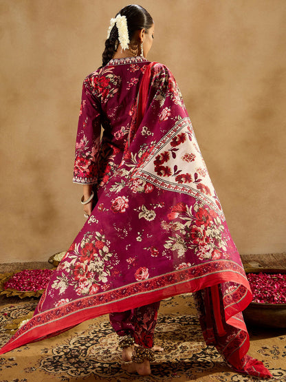 Indo Era Burgundy Printed Straight Kurta Trousers With Dupatta set