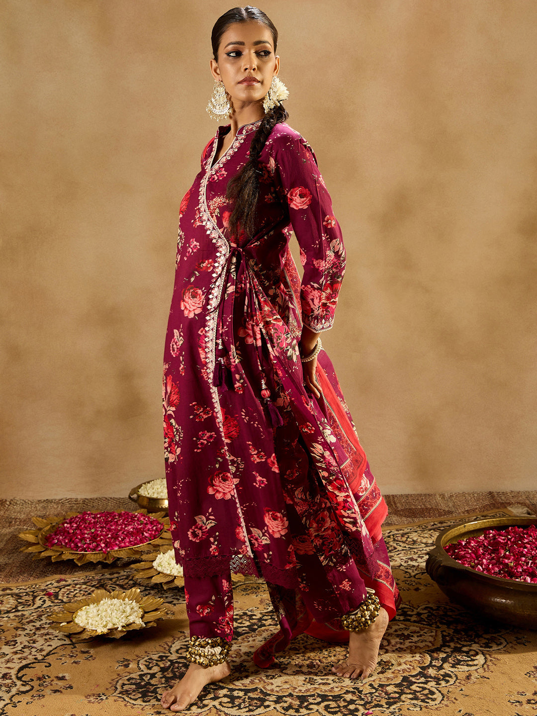 Indo Era Burgundy Printed Straight Kurta Trousers With Dupatta set