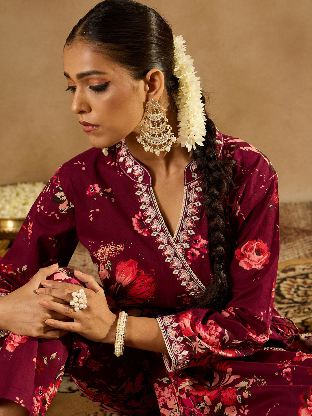 Indo Era Burgundy Printed Straight Kurta Trousers With Dupatta set