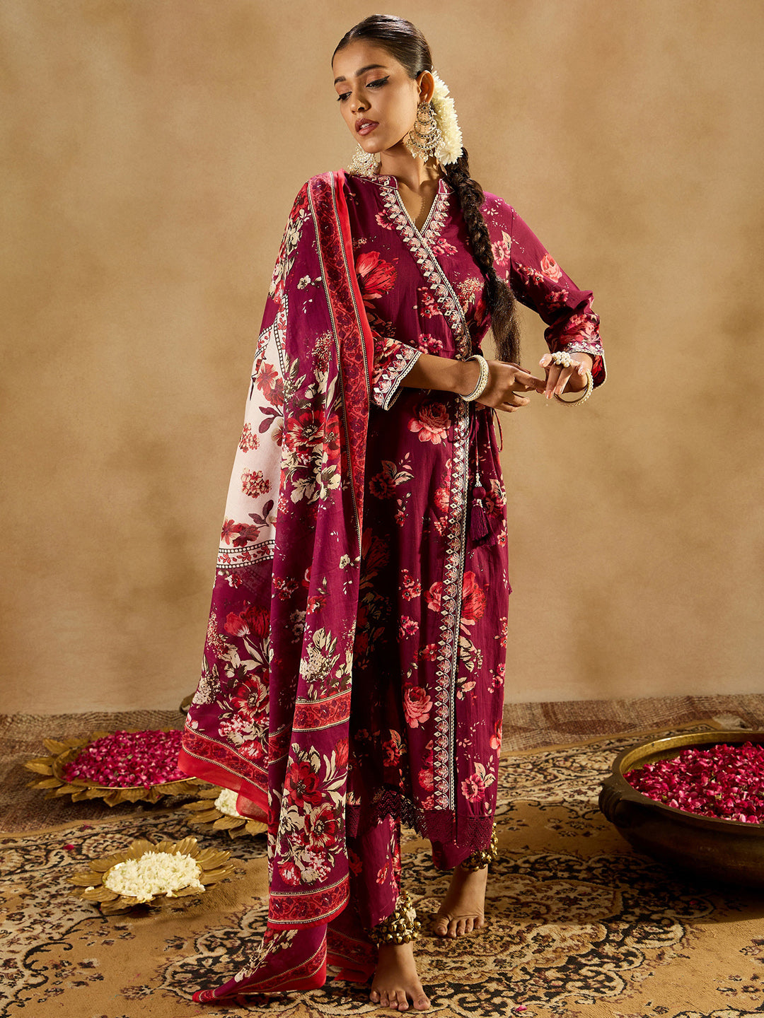 Indo Era Burgundy Printed Straight Kurta Trousers With Dupatta set