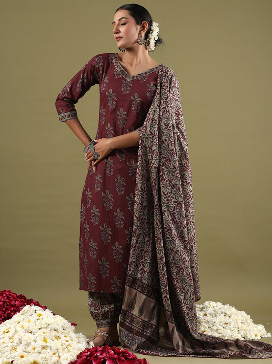 Indo Era Burgundy Printed Straight Kurta Salwar With Dupatta set
