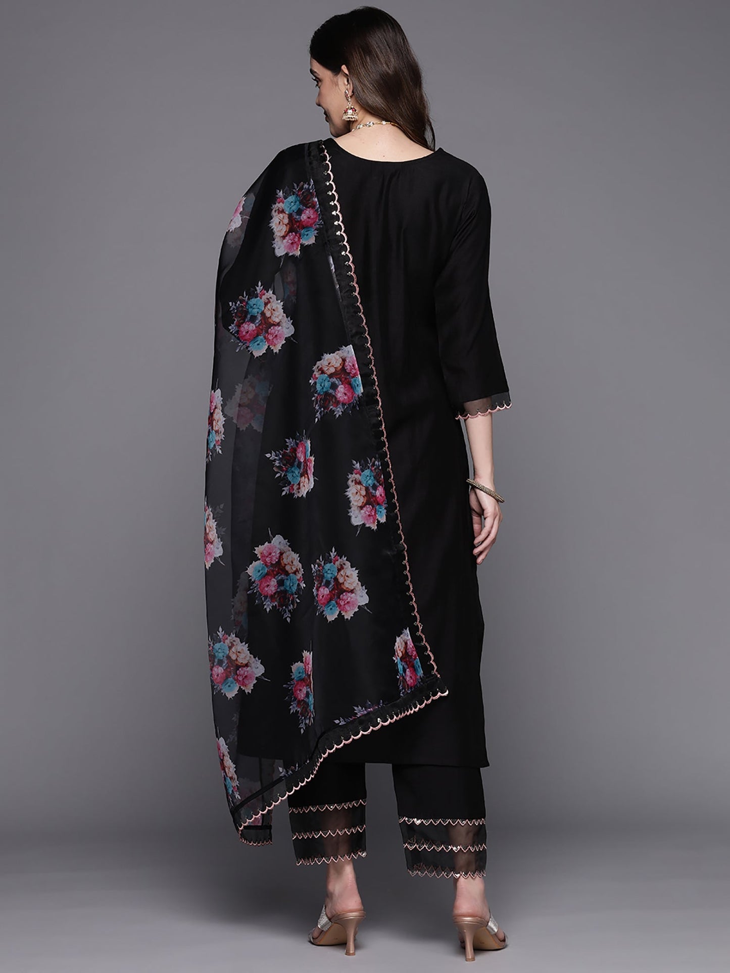 Indo Era Black Embroidered Straight Kurta Trousers With Dupatta Set
