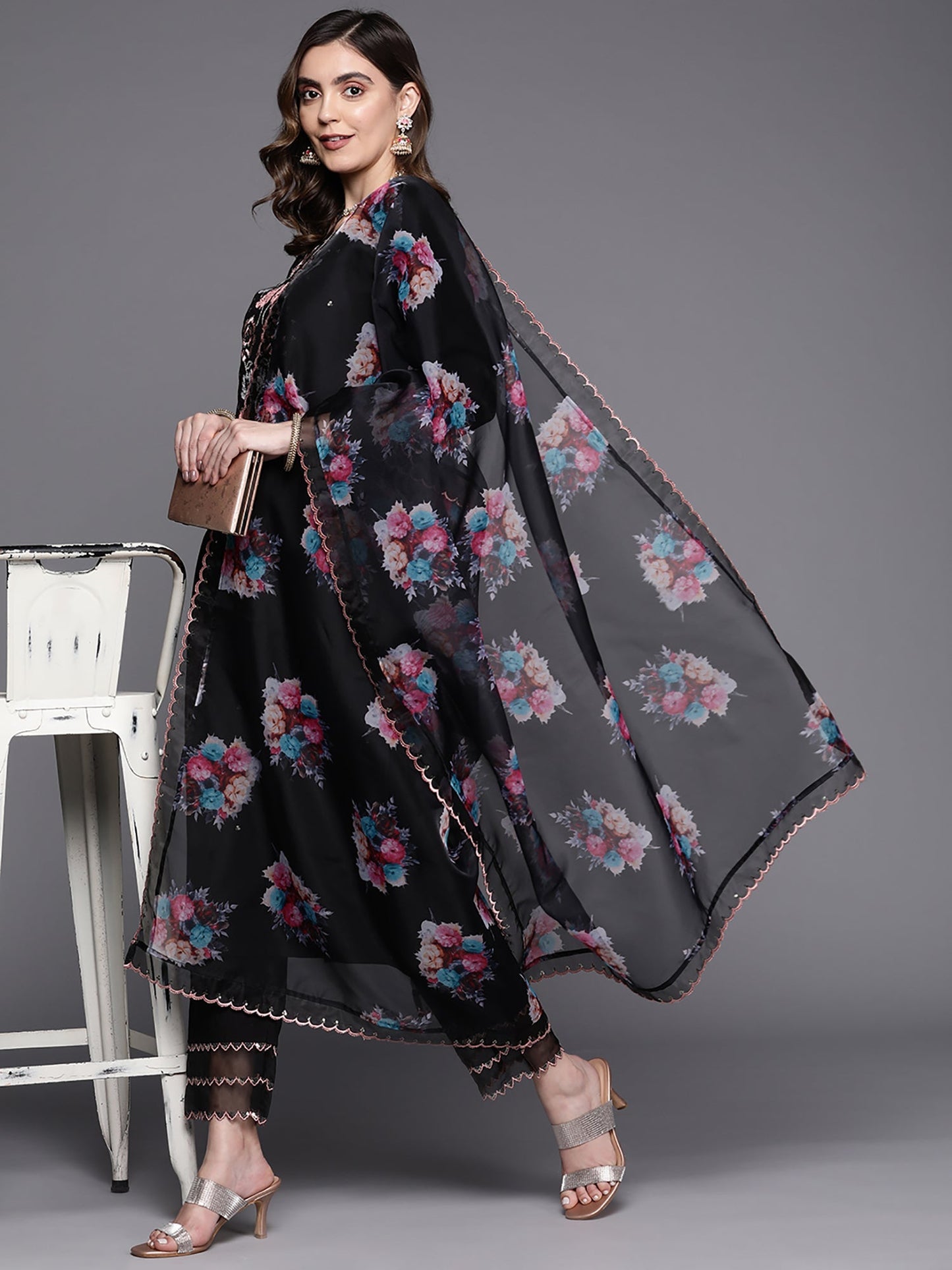 Indo Era Black Embroidered Straight Kurta Trousers With Dupatta Set