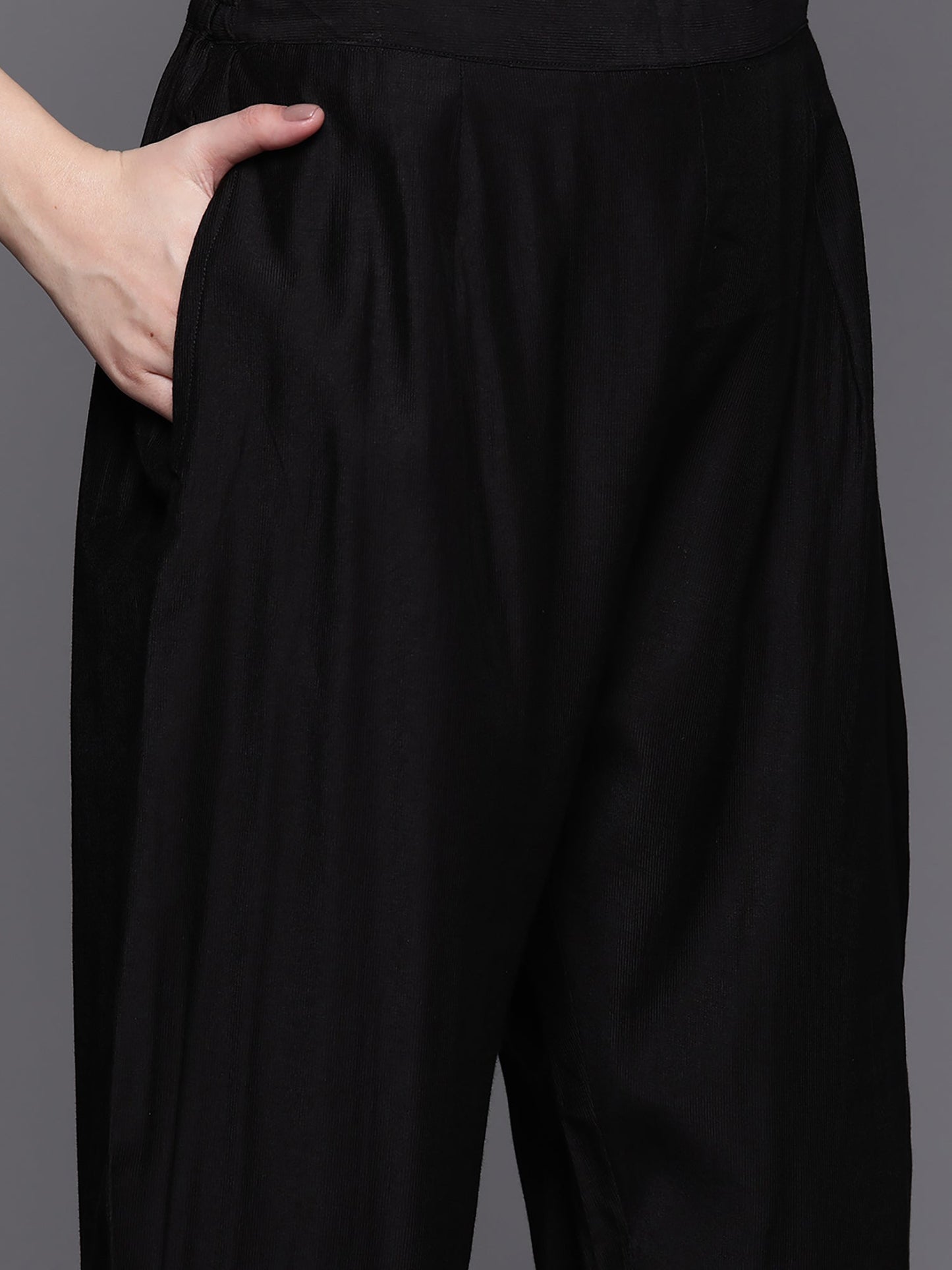 Indo Era Black Embroidered Straight Kurta Trousers With Dupatta Set