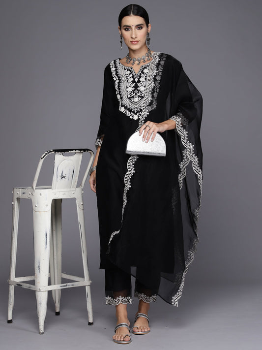 Indo Era Floral Yoke Design Regular Thread Work Liva Kurta with Trousers & Dupatta