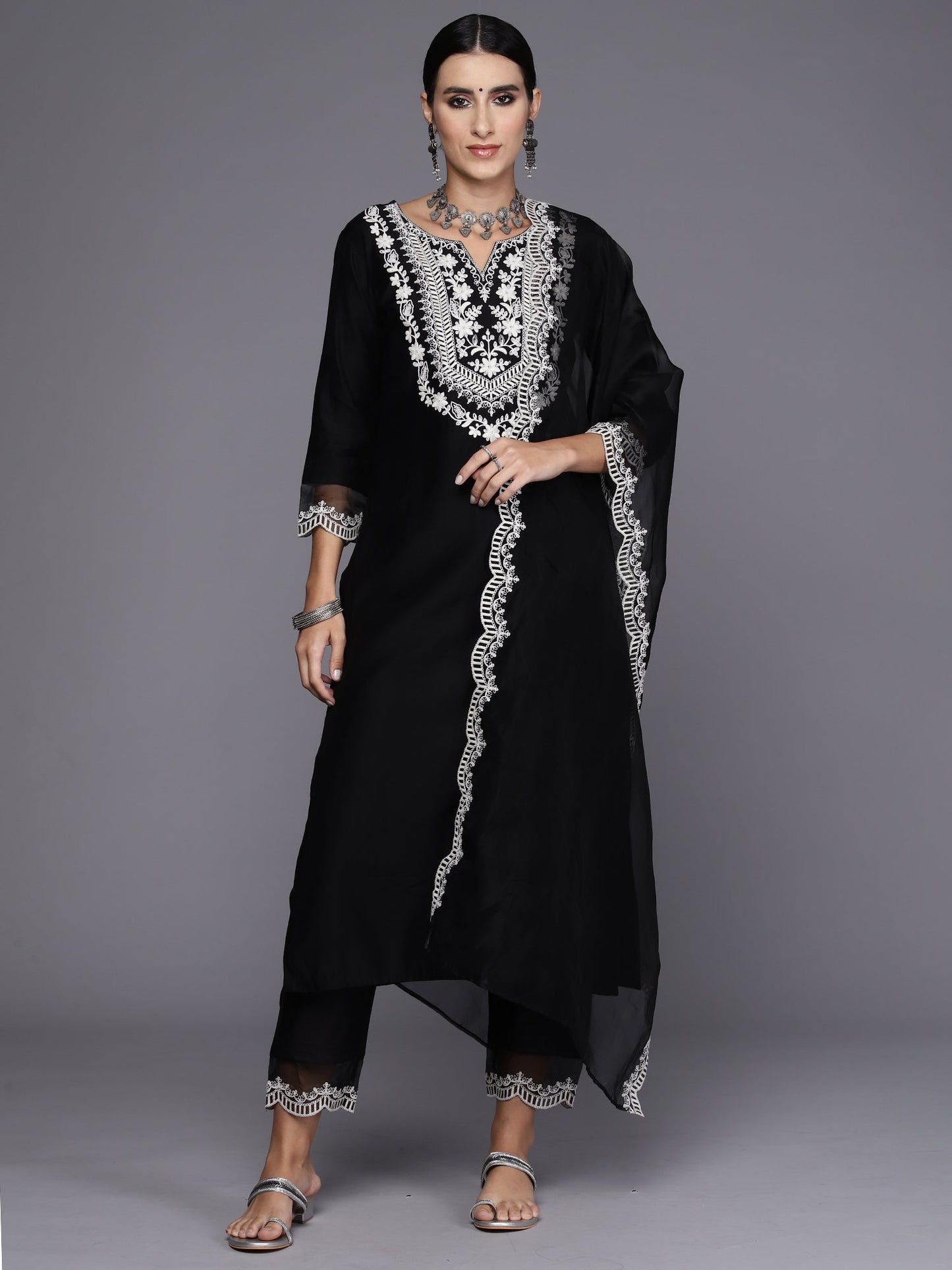 Indo Era Floral Yoke Design Regular Thread Work Liva Kurta with Trousers & Dupatta