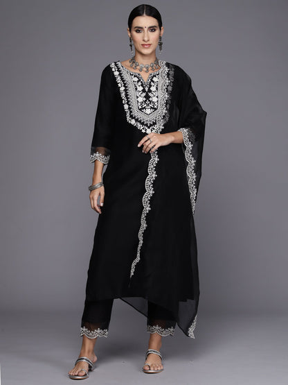 Indo Era Floral Yoke Design Regular Thread Work Liva Kurta with Trousers & Dupatta