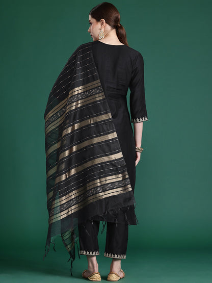 Indo Era Black Embroidered Straight Kurta Trousers With Dupatta set
