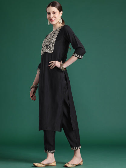 Indo Era Black Embroidered Straight Kurta Trousers With Dupatta set