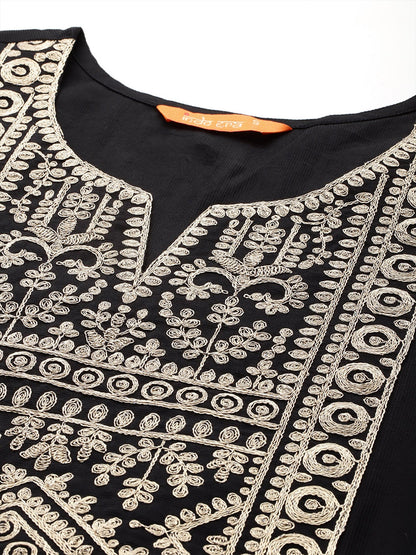 Indo Era Black Embroidered Straight Kurta Trousers With Dupatta set