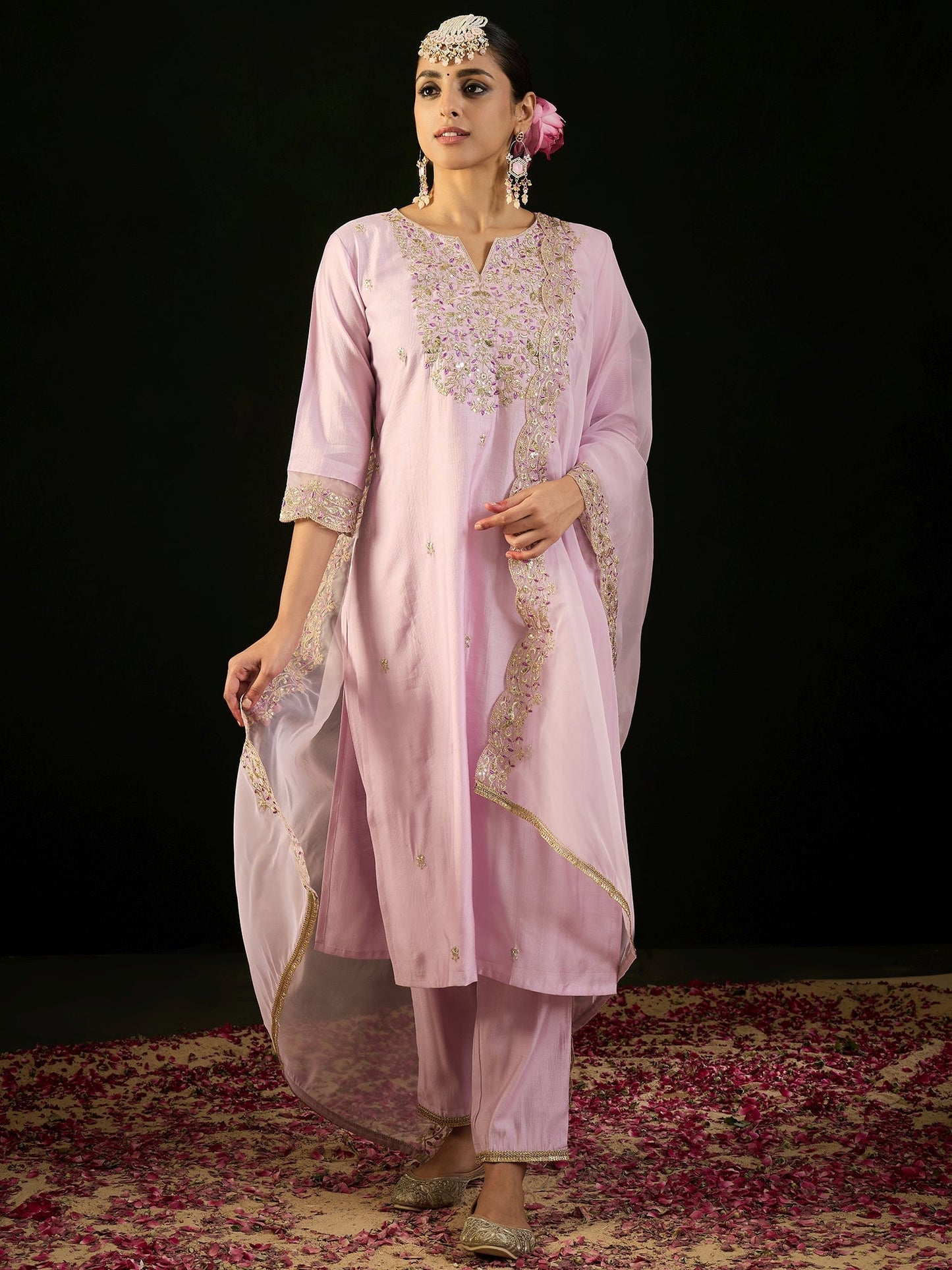 Indo Era Lavender Embroidered Straight Kurta Trousers With Dupatta set
