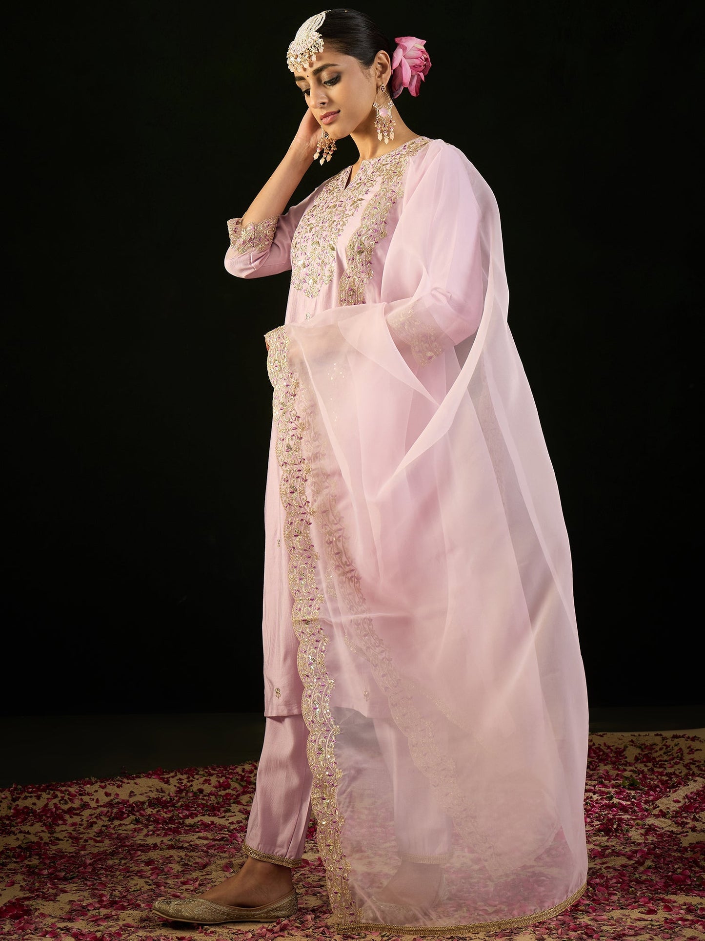 Indo Era Lavender Embroidered Straight Kurta Trousers With Dupatta set