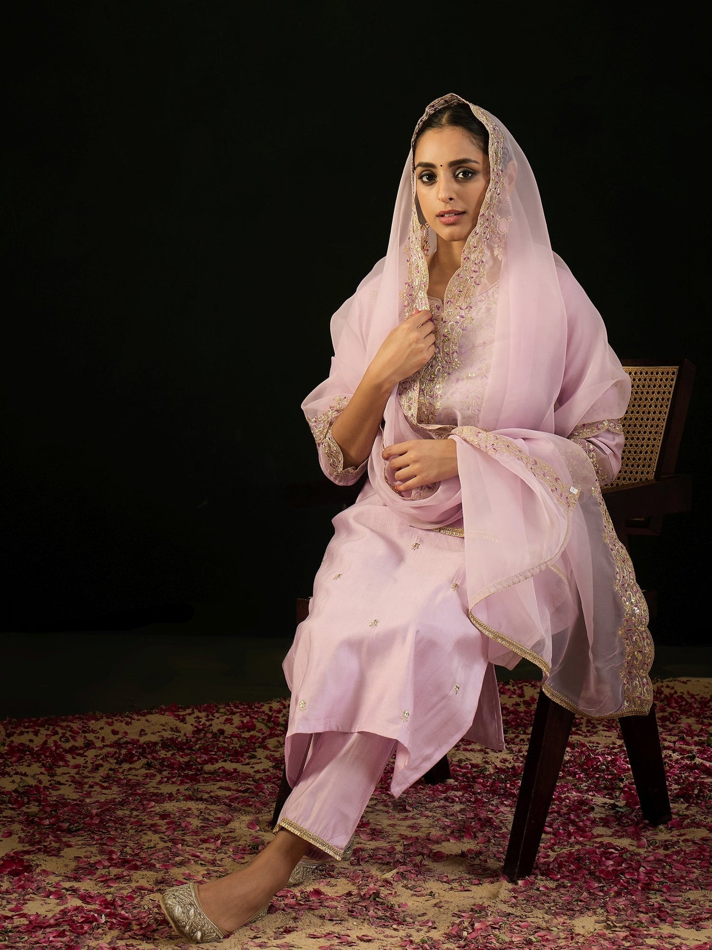 Indo Era Lavender Embroidered Straight Kurta Trousers With Dupatta set