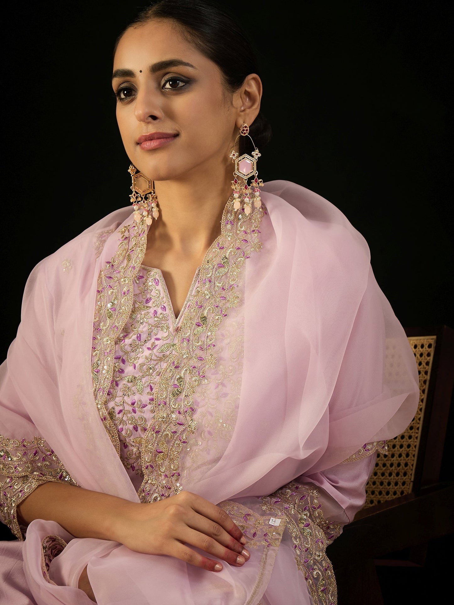 Indo Era Lavender Embroidered Straight Kurta Trousers With Dupatta set