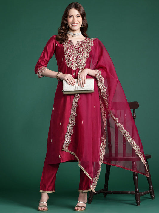 Indo Era Burgundy Embroidered Straight Kurta Trousers With Dupatta set