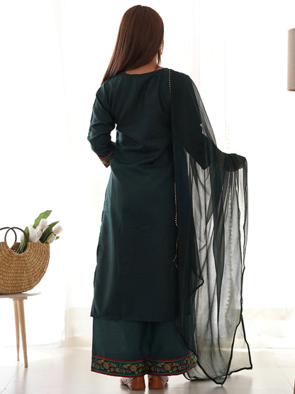 Indo Era Green Yoke Design Straight Kurta Palazzos With Dupatta Set