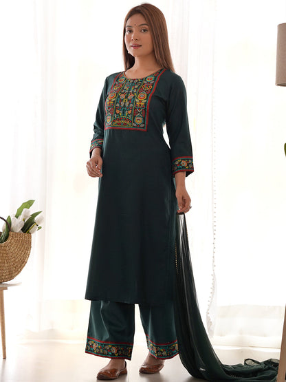 Indo Era Green Yoke Design Straight Kurta Palazzos With Dupatta Set