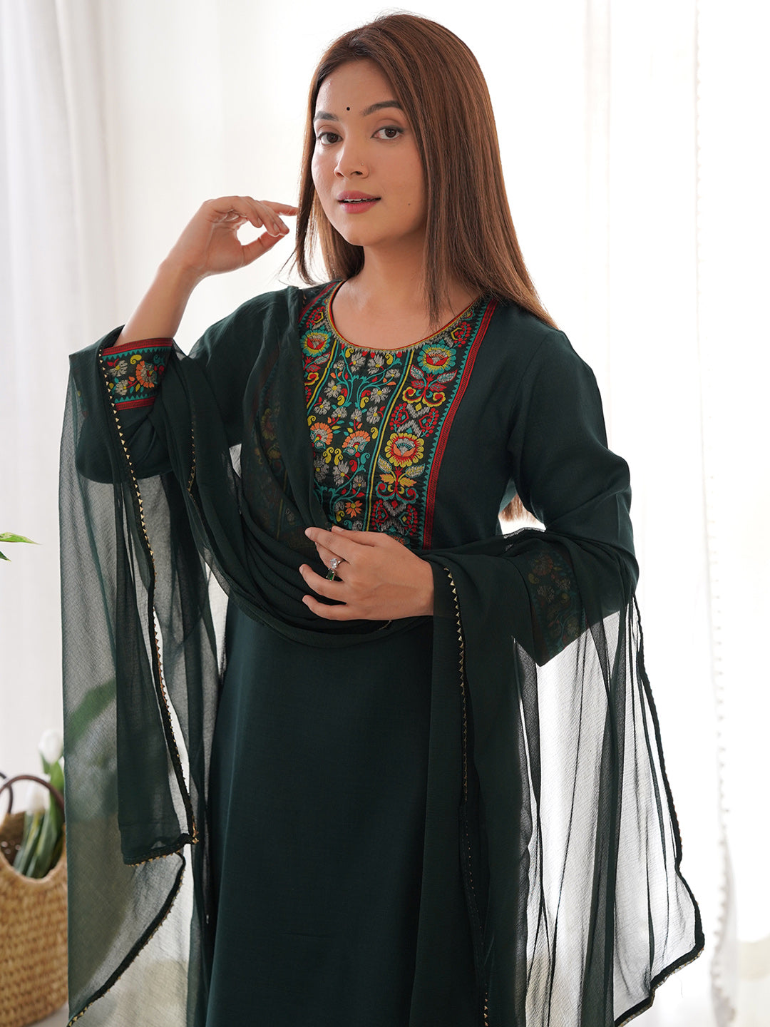 Indo Era Green Yoke Design Straight Kurta Palazzos With Dupatta Set