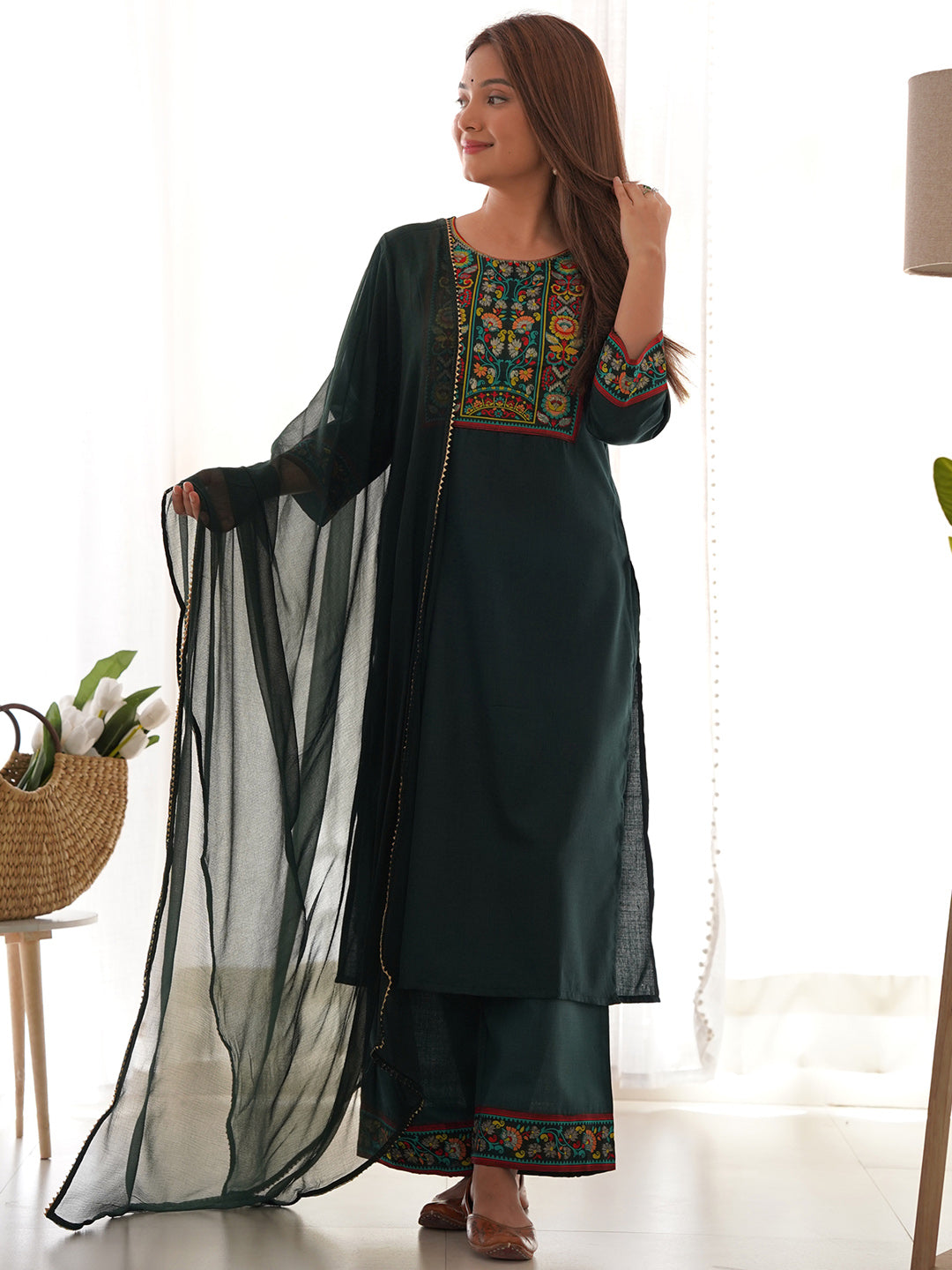 Indo Era Green Yoke Design Straight Kurta Palazzos With Dupatta Set
