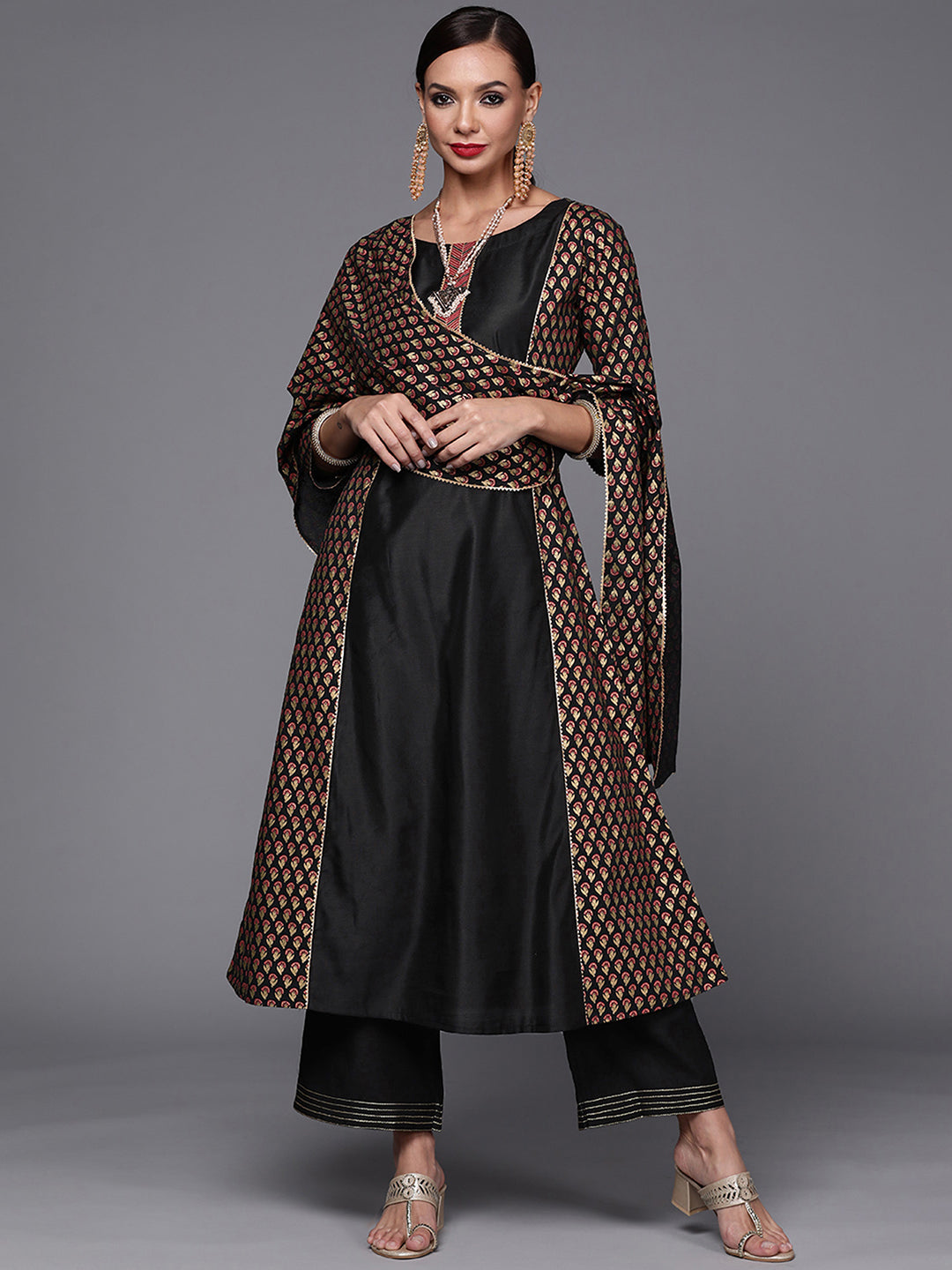 Indo Era Black Foil Floral Printed Kurta Palazzo with Dupatta Sets