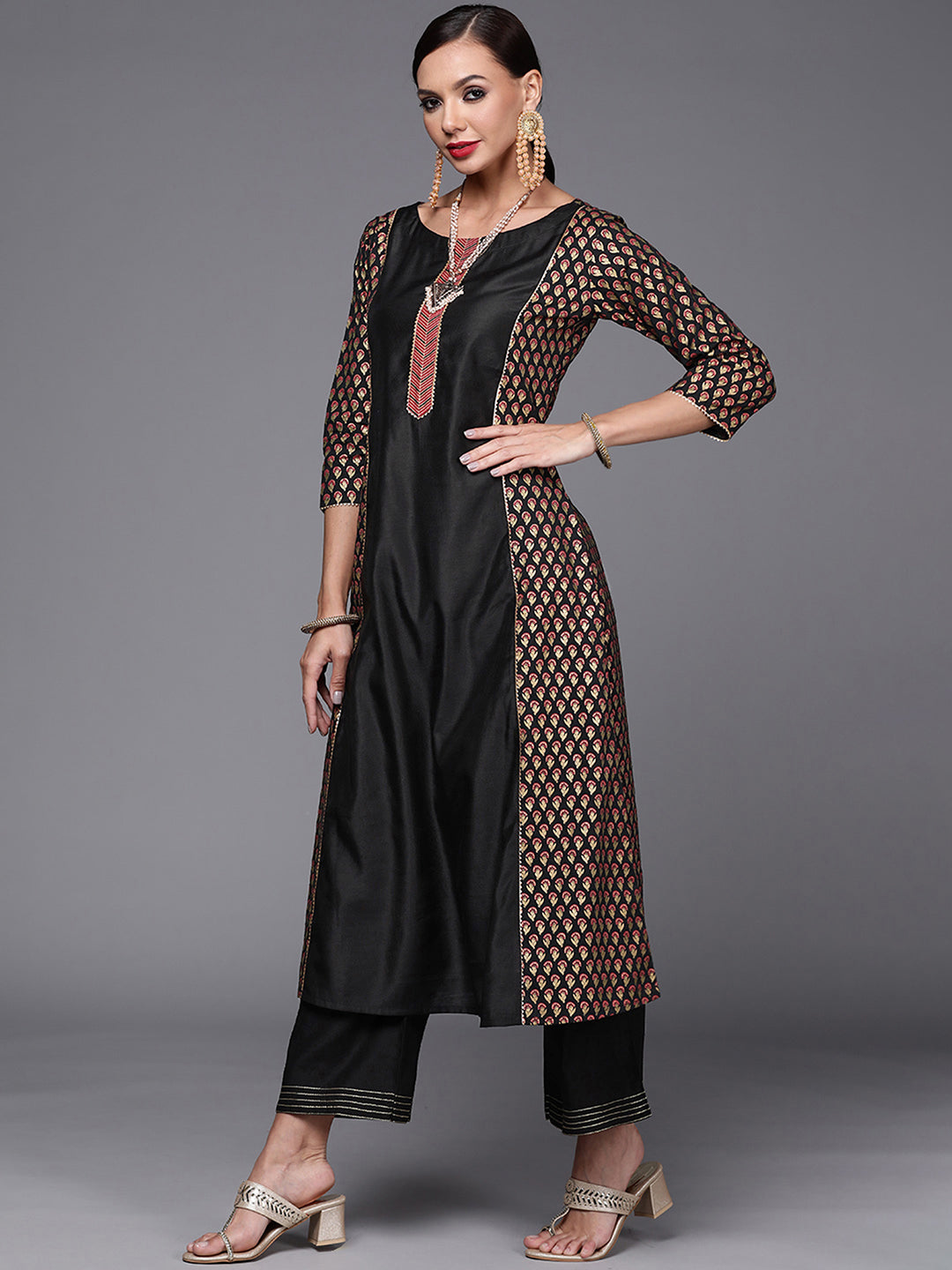 Indo Era Black Foil Floral Printed Kurta Palazzo with Dupatta Sets