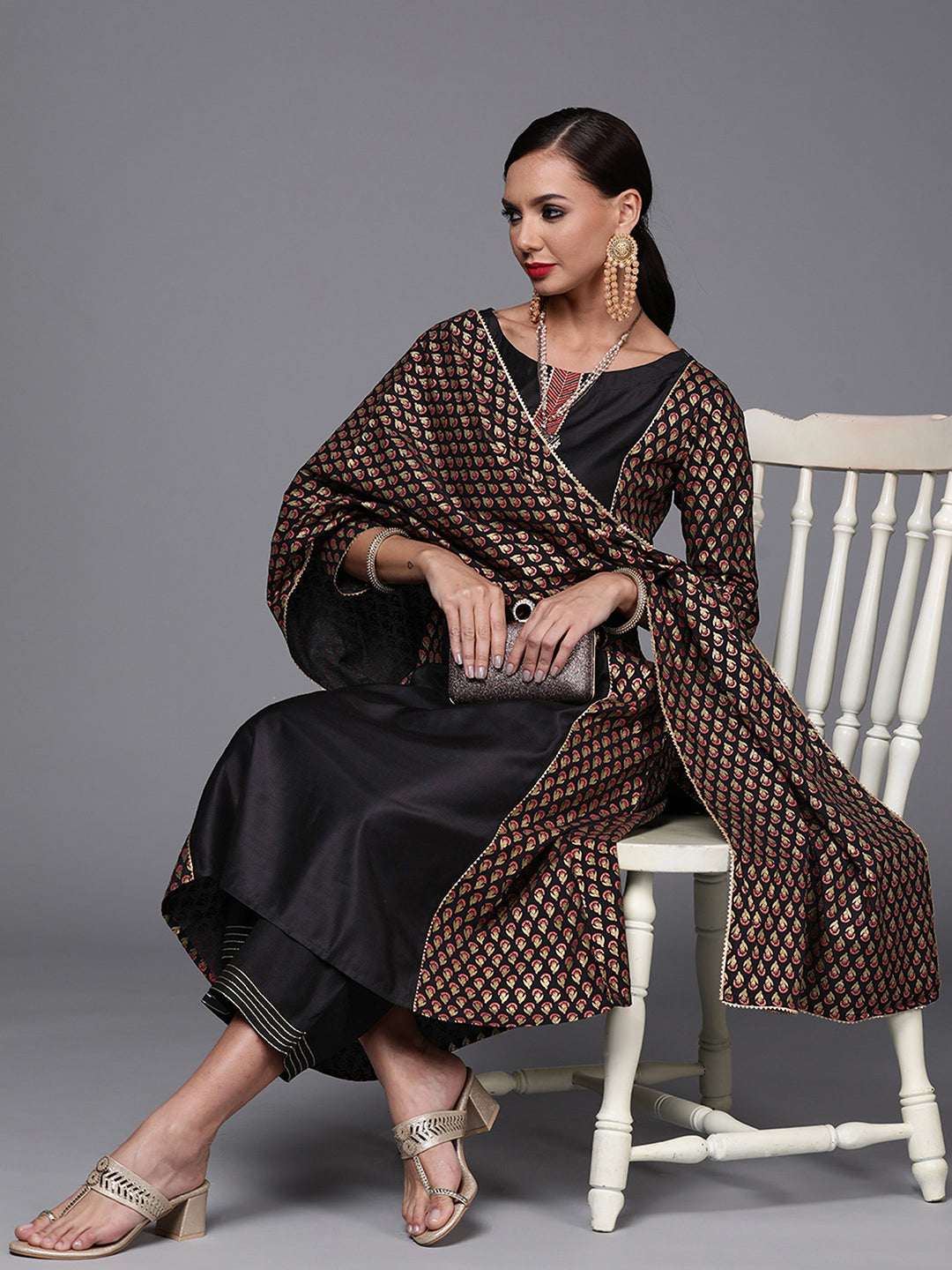 Indo Era Black Foil Floral Printed Kurta Palazzo with Dupatta Sets