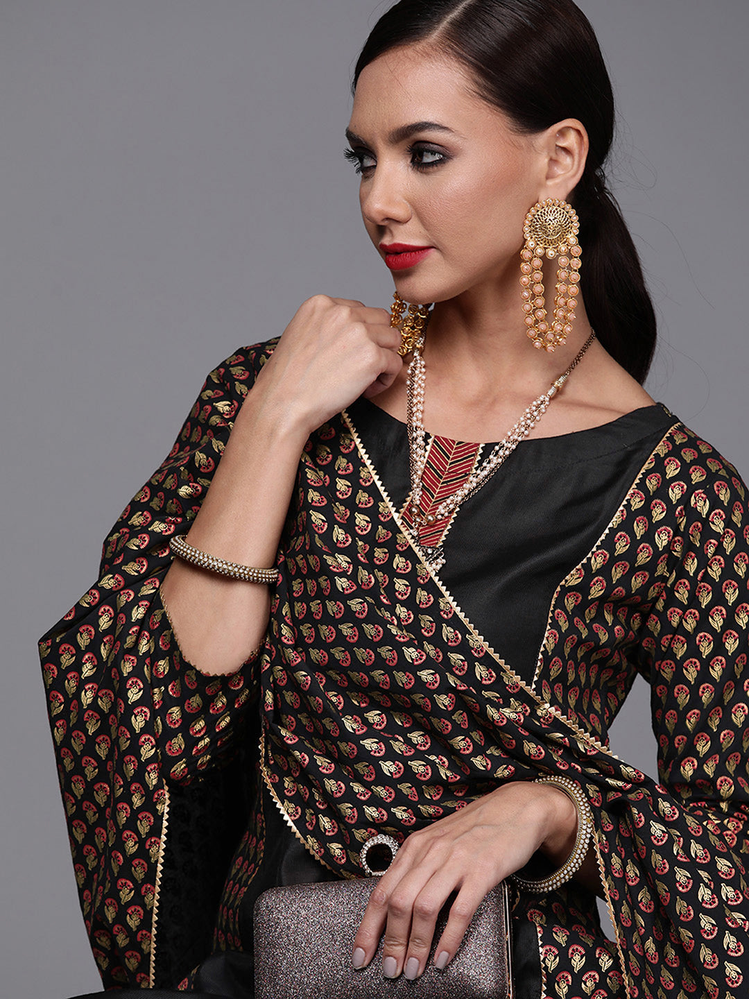 Indo Era Black Foil Floral Printed Kurta Palazzo with Dupatta Sets