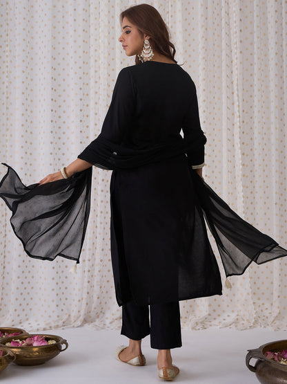 Indo Era Black Embroidered Straight Kurta Trousers With Dupatta set