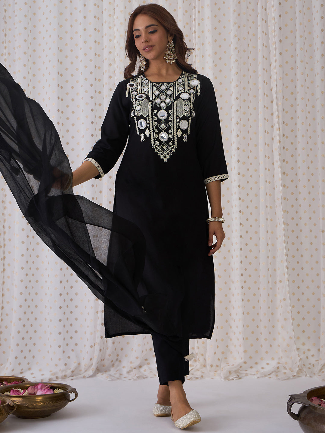 Indo Era Black Embroidered Straight Kurta Trousers With Dupatta set