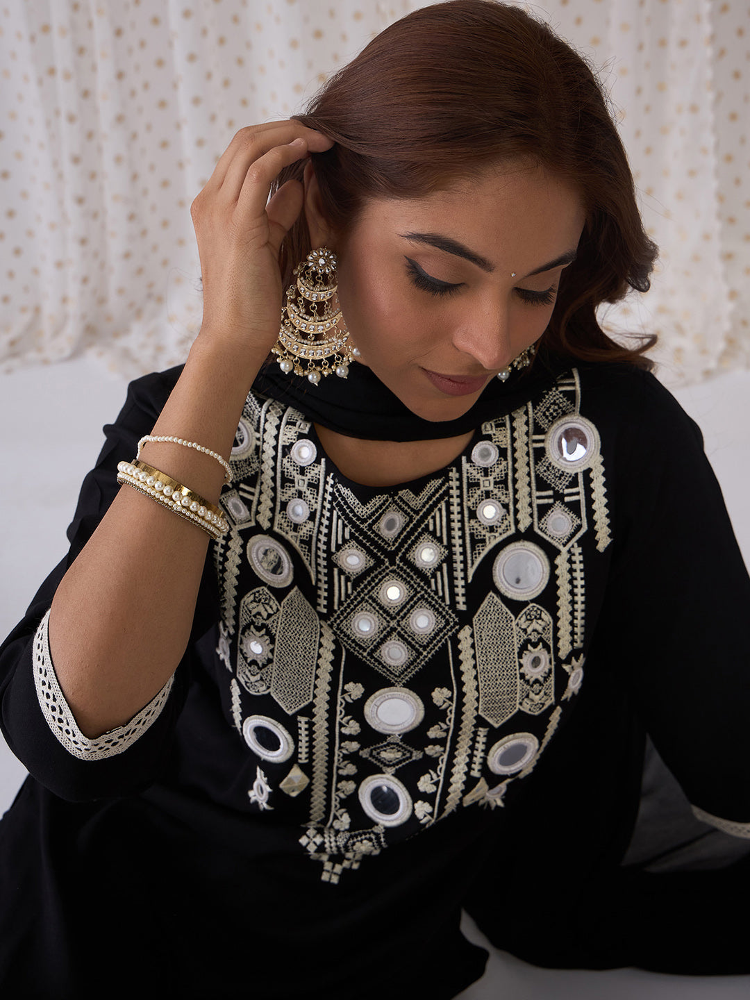 Indo Era Black Embroidered Straight Kurta Trousers With Dupatta set