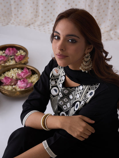 Indo Era Black Embroidered Straight Kurta Trousers With Dupatta set