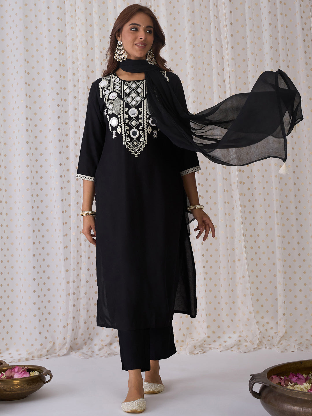 Indo Era Black Embroidered Straight Kurta Trousers With Dupatta set