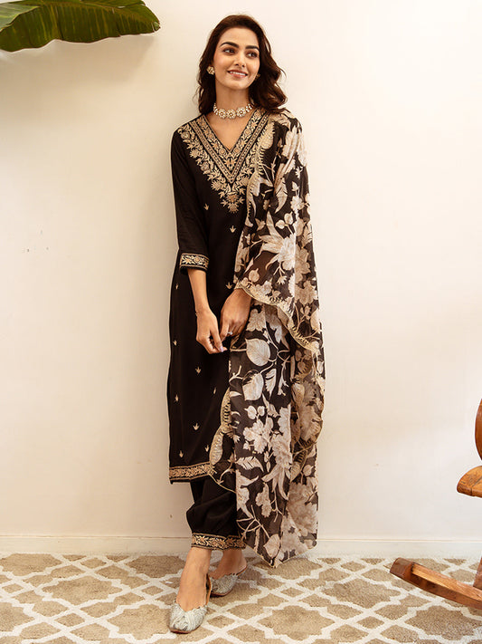 Indo Era Black Embroidered Straight Kurta Salwar With Dupatta set